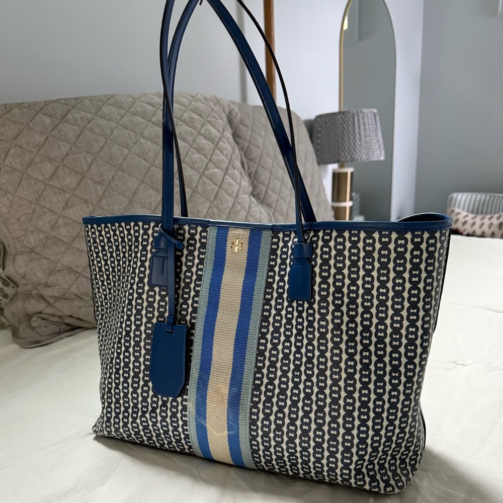 Tory Burch Blue Gemini Link Canvas and Leather Tote